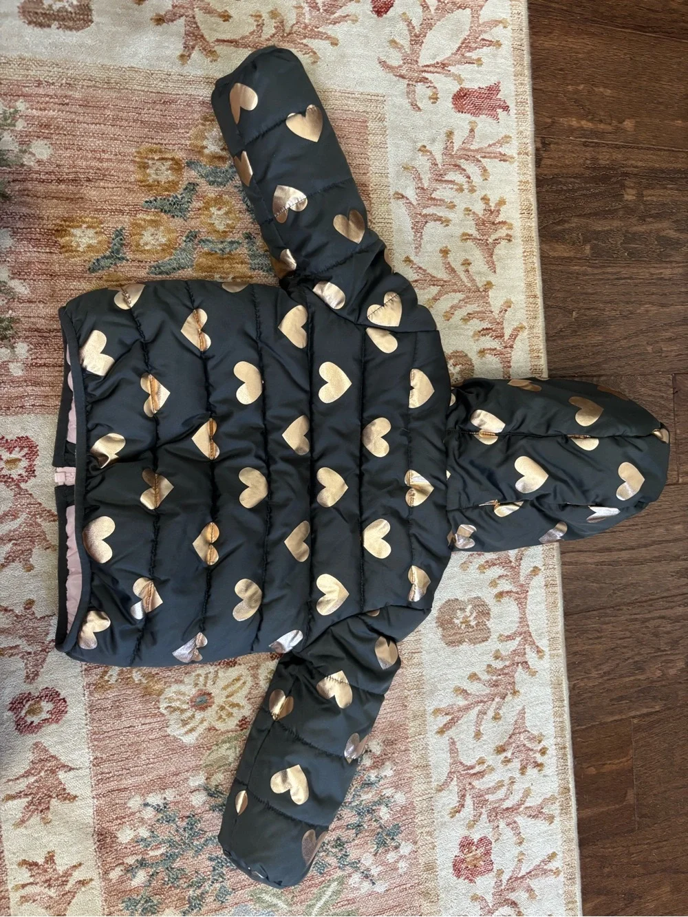 Carter's Black Puffer Jacket with Gold Hearts and Pink Lined Hood